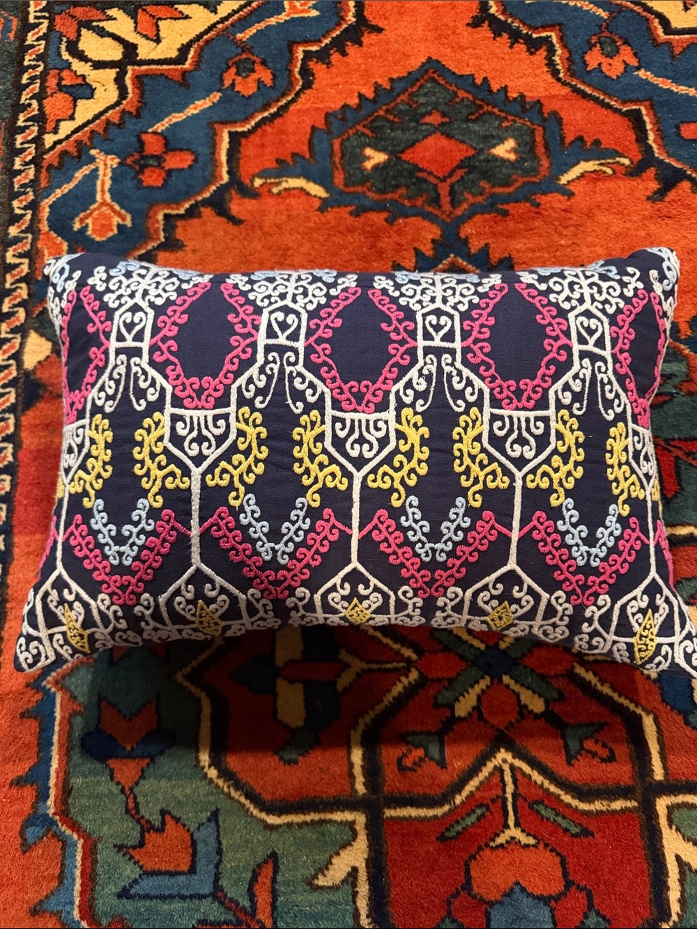 Traditional Block print John Robshaw 12 x 18 hand embroidered Throw Pillow